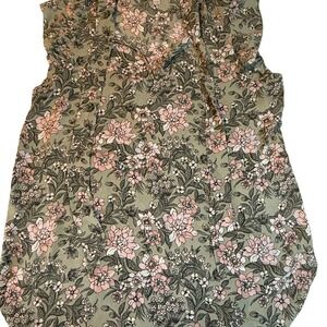 LOFT Floral Blouse Medium Gray Pink Ruched Sleeveless Top